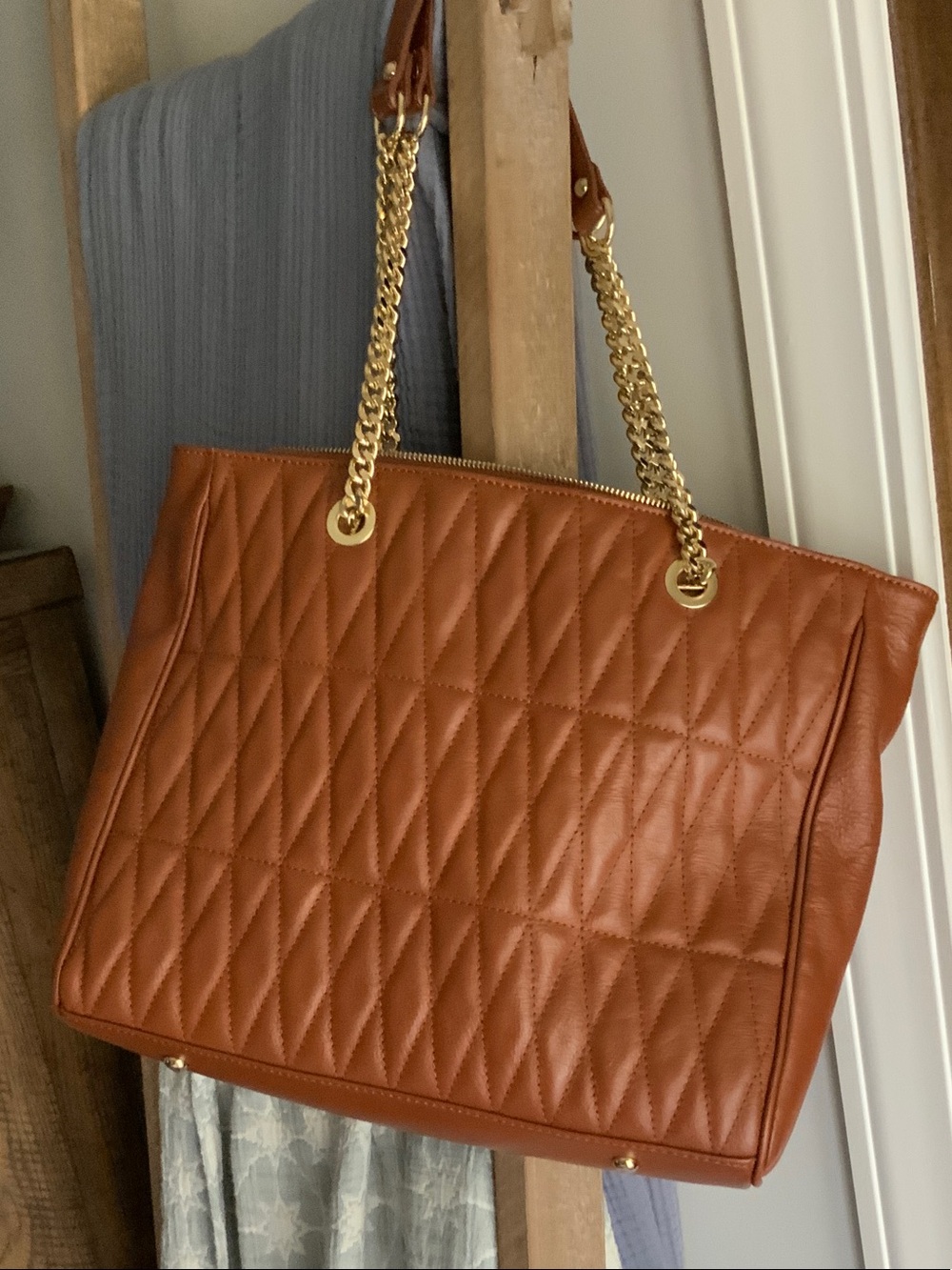 Quilted Brown Leather Tote with Gold Chain Handles EUC looks new
